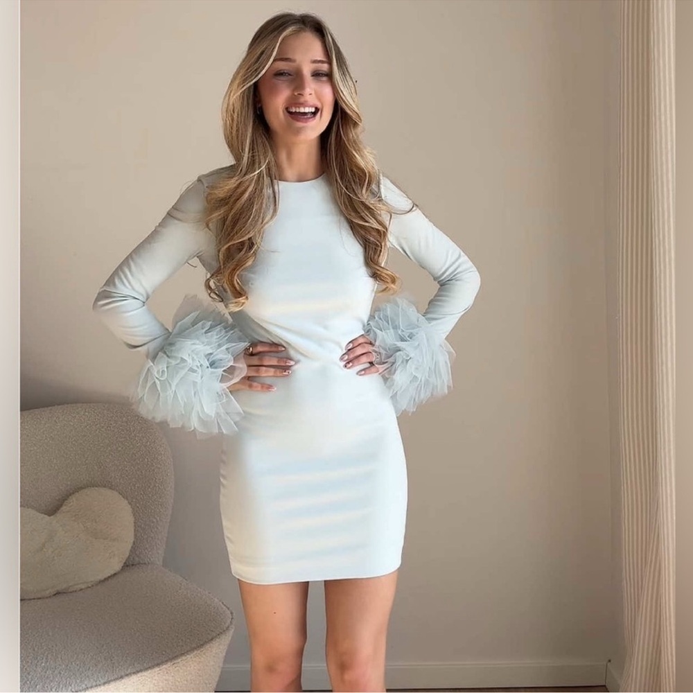 NWT Zara Pastel Blue Short Tulle Cuff Volume Dress in XS & Small Longsleeve